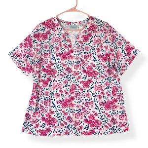 National Top Womens PL Petite Large Pink Floral on White Short Sleeves NWT
